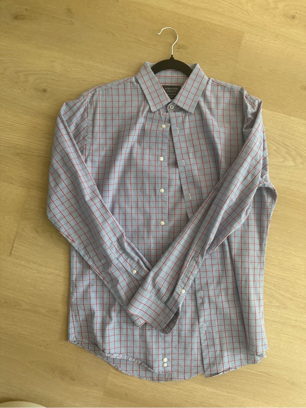 Nordstrom Light Blue Dress Shirt with Red Windowpane